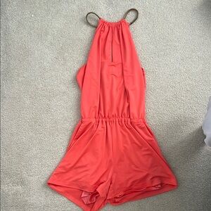 Bebe Coral and Gold Silk Romper